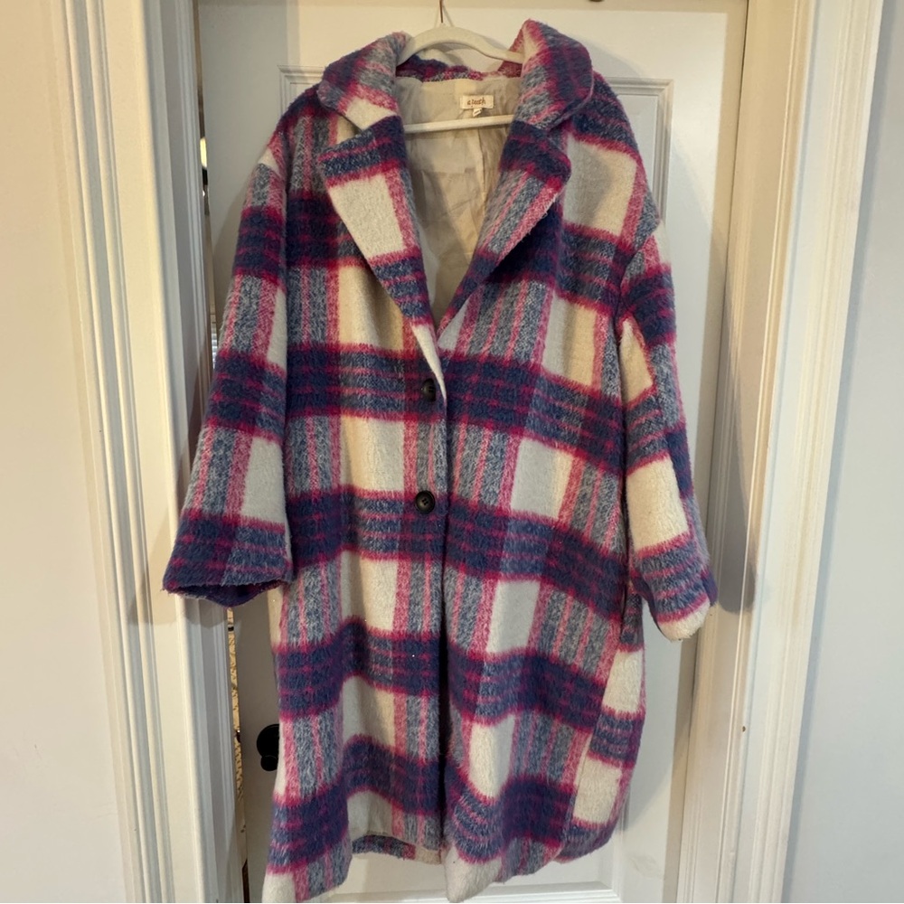 Vici Plaid Long Coat in Pink and Blue - colorful coat - Picture 2 of 5
